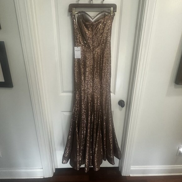 NWT Alyce Paris Formal Gown Dress Sequin Bronze Strapless Prom Pageant Wedding - Picture 9 of 16